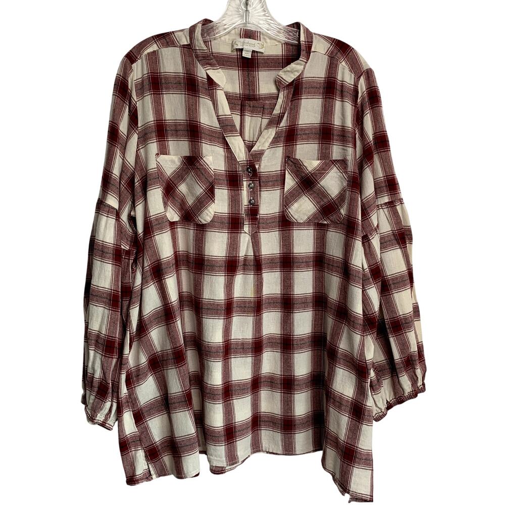 Weekend Susan Betro Womens 3X Burgundy Red White Flannel Tunic 1/4 Button Shirt